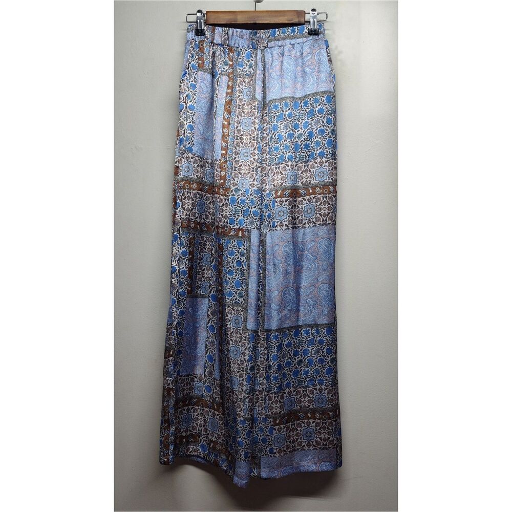 dRA Los Angeles Satin Pants Women S Blue Floral Wide Leg Elastic Waist Boho-Chic